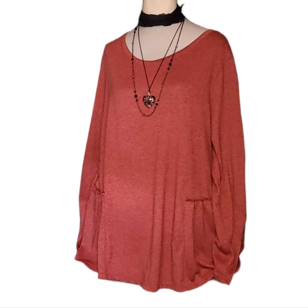 TERRA & SKY Cinnamon Black Blend Pullover Blouse Gathered Sleeves & Bottom Panel